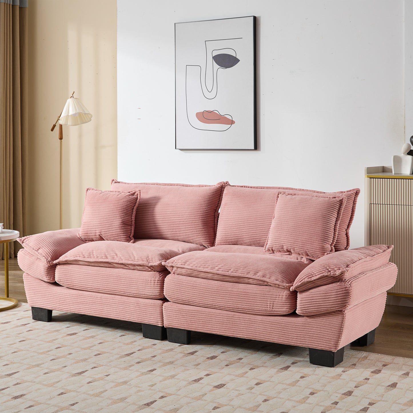 84-Inch Corduroy Sofa Sleeper, 23-Inch Deep Seat, 2 Pillows, Living Room/Office, Pink