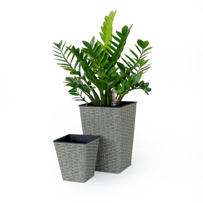 2-Pack Self-Watering Square Planters for Indoor/Outdoor — Hand-Woven Wicker, Small & Medium, Water Level, UV Resistant, Easy Assembly, Gray