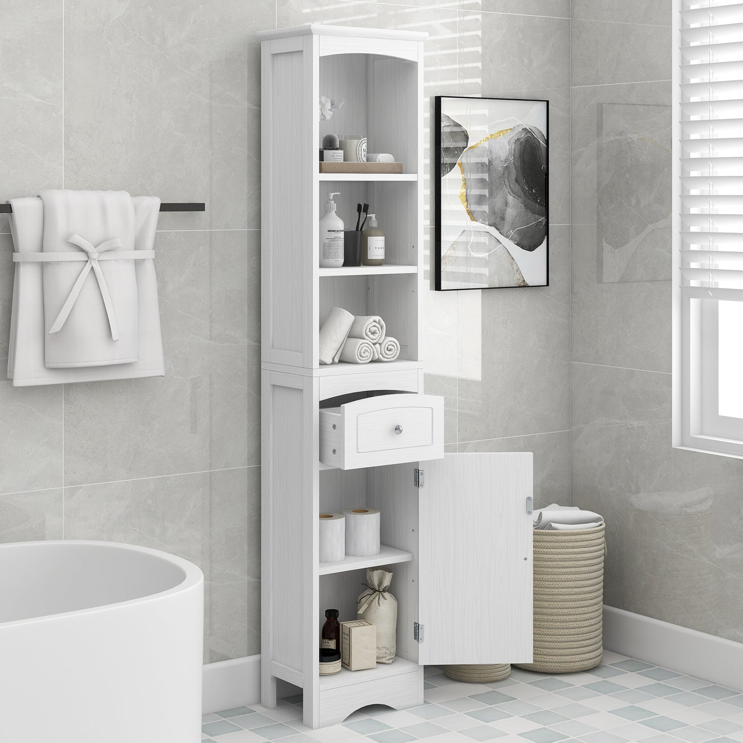 White Freestanding Tall Storage Cabinet for Bathroom with Adjustable Shelves and Drawer, MDF Construction
