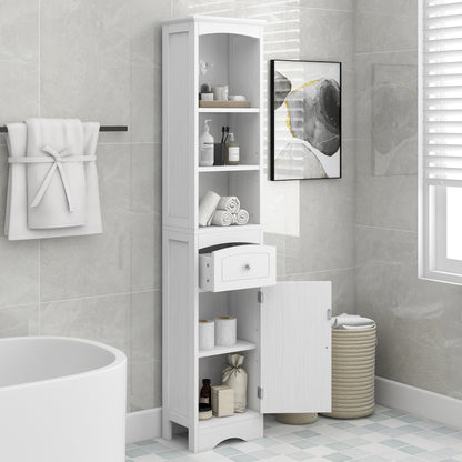 White Freestanding Tall Storage Cabinet for Bathroom with Adjustable Shelves and Drawer, MDF Construction