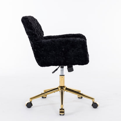 Elegant Black Upholstered Office Chair with Golden Metal Base, Adjustable Swivel Design, Ideal for Home and Vanity Use