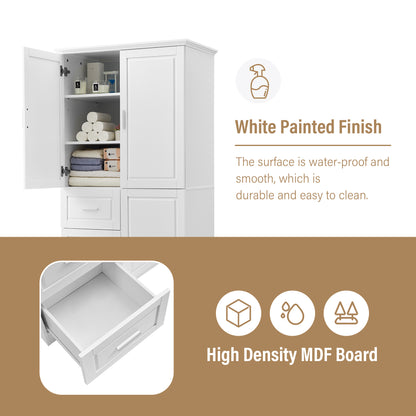 Versatile Tall Storage Cabinet with Doors and Drawers for Bathroom, Office, or Kitchen - White MDF Design