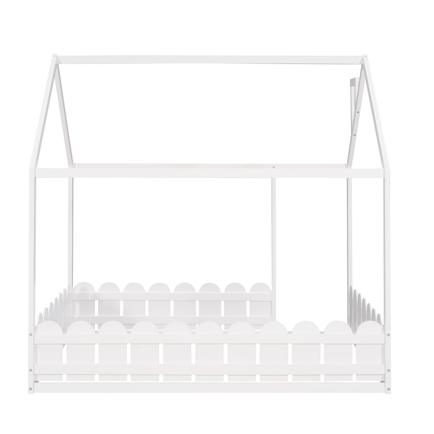 Full Size Wooden House Bed Frame with Fence for Kids and Teens - White (Slats Not Included)