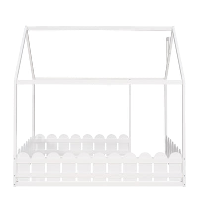 Full Size Wooden House Bed Frame with Fence for Kids and Teens - White (Slats Not Included)
