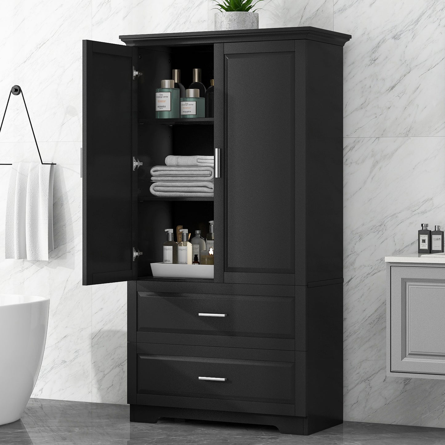 Black Tall Storage Cabinet with Adjustable Shelves, Doors, and Drawers - MDF Construction