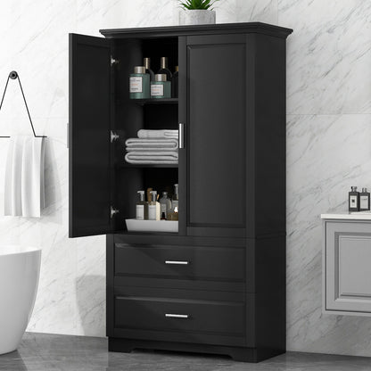 Black Tall Storage Cabinet with Adjustable Shelves, Doors, and Drawers - MDF Construction