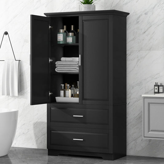 Black Tall Storage Cabinet with Adjustable Shelves, Doors, and Drawers - MDF Construction