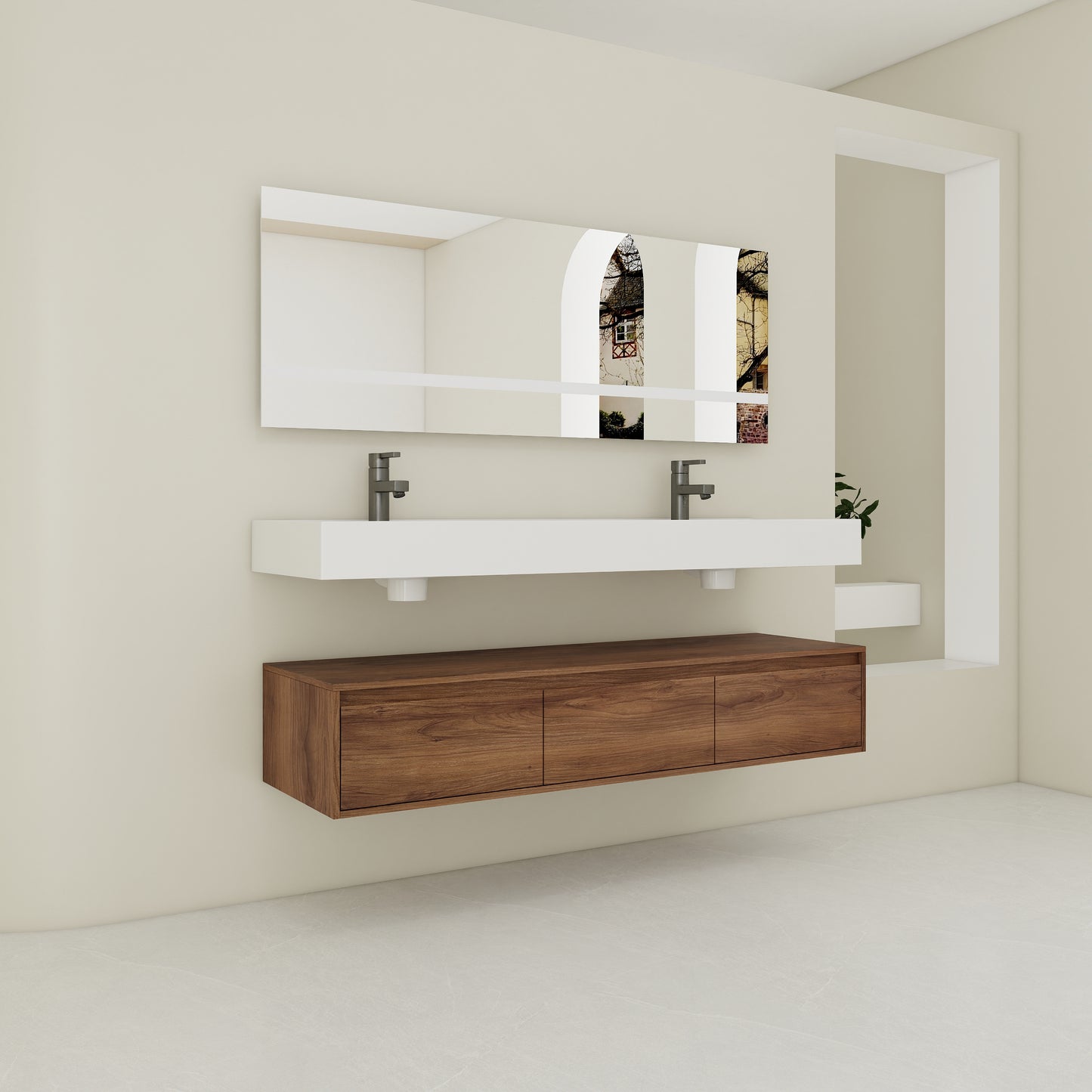 Contemporary 60-Inch Wall-Mounted Bathroom Vanity with Dual Resin Sinks, Soft-Close Drawers, and Floating Design