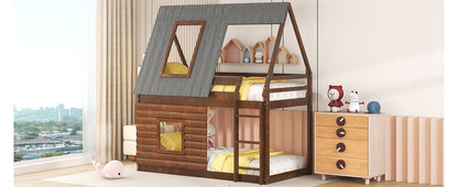 Charming Oak & Smoky Grey Twin Size House Bunk Bed with Roof, Ladder, and Two Windows