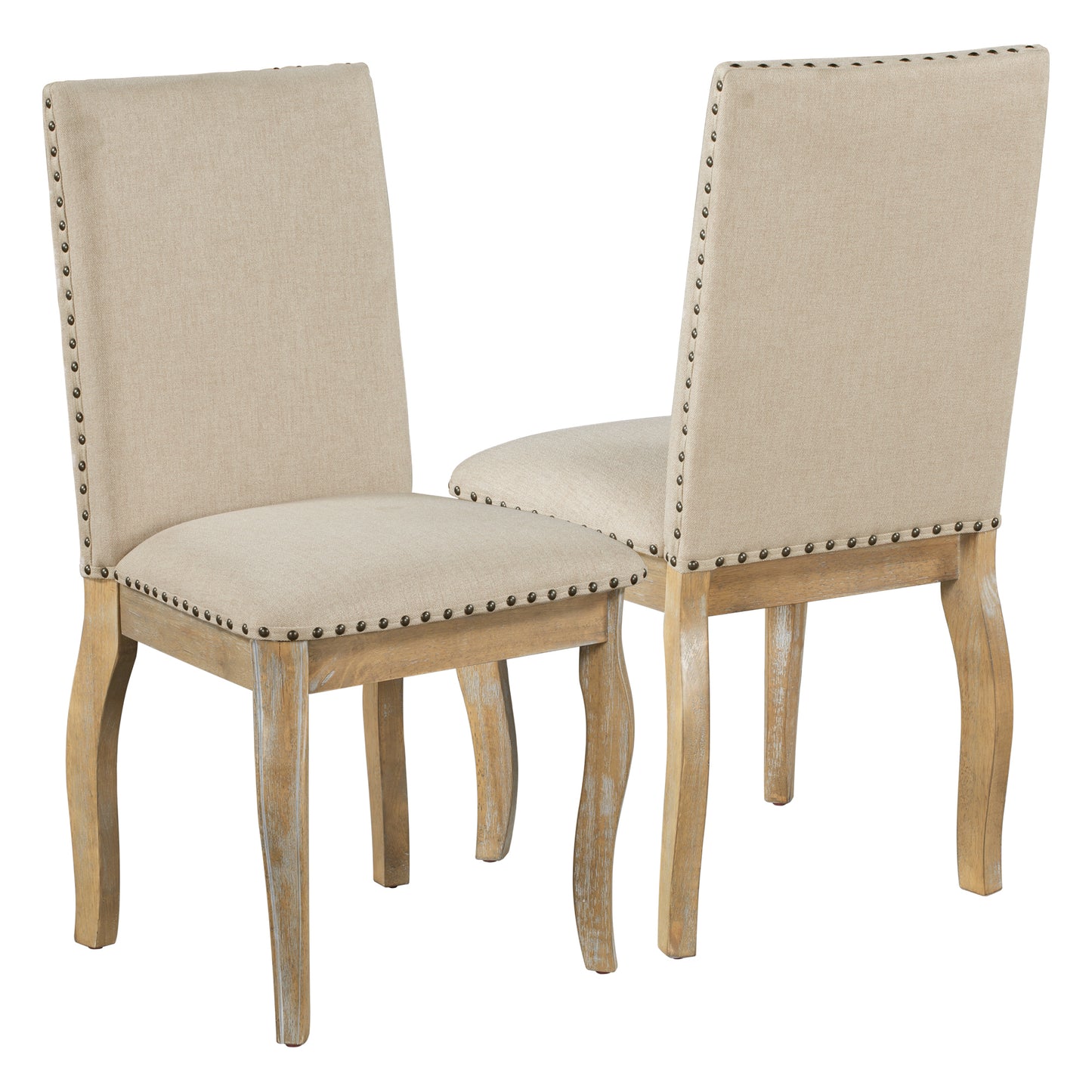 Set of 4 Solid Wood Dining Chairs with Upholstered Fabric, Nailhead, 250 LB Capacity, Natural Wood Wash