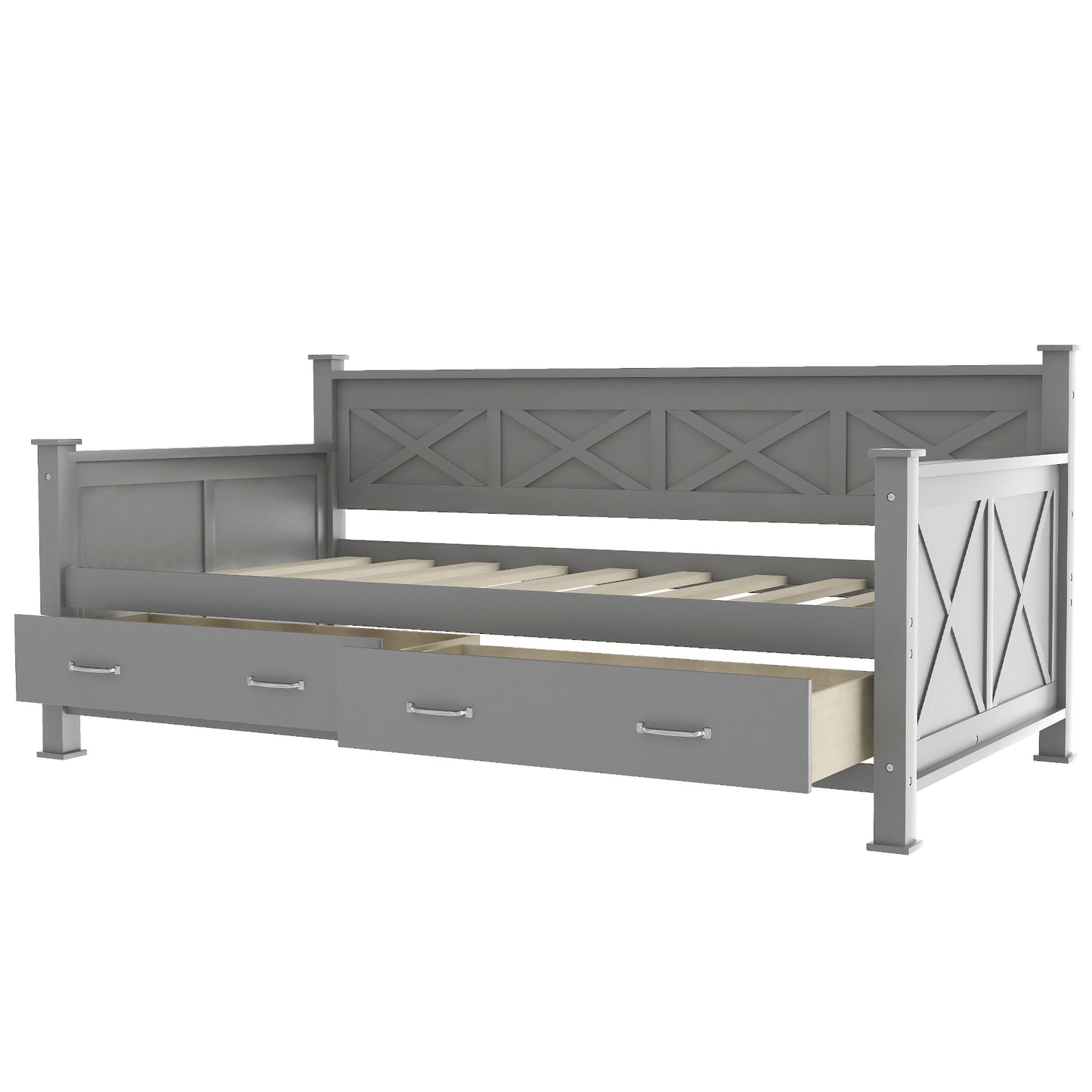 Elegant Twin Size Daybed with Spacious Drawers, X-Frame Design, Modern Rustic Appeal in Gray