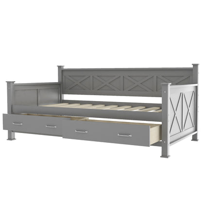 Elegant Twin Size Daybed with Spacious Drawers, X-Frame Design, Modern Rustic Appeal in Gray
