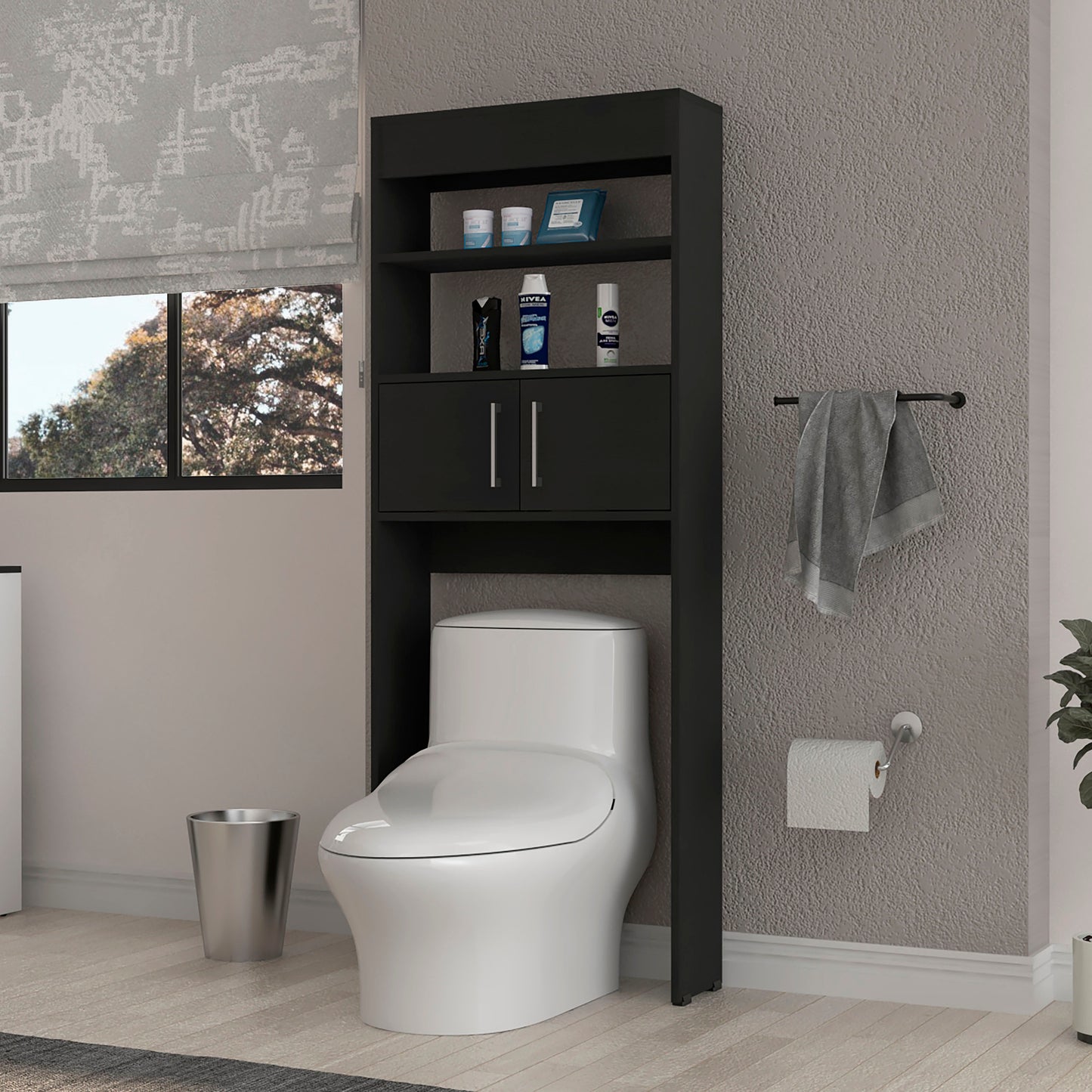 Modern Black Over-the-Toilet Storage Cabinet with Double Doors and Three Shelves