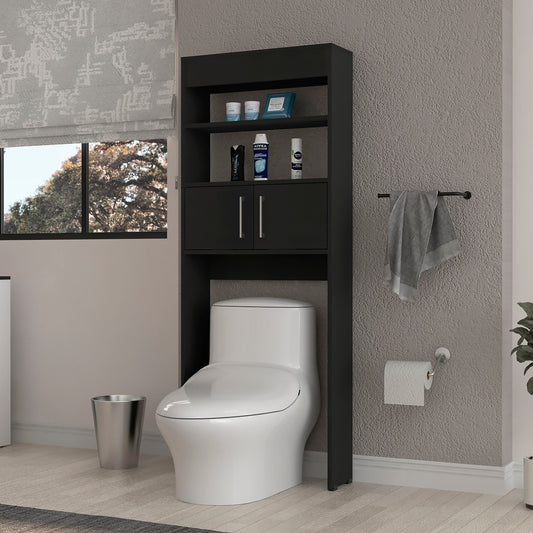 Modern Black Over-the-Toilet Storage Cabinet with Double Doors and Three Shelves
