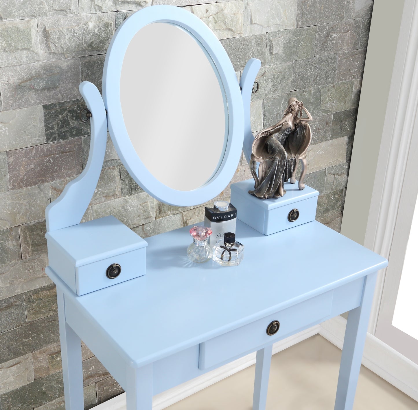 Wood Makeup Vanity Table and Stool Set for Bedroom, Contemporary Style, Space-Saving Design Blue
