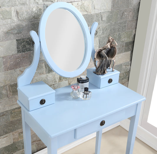 Wood Makeup Vanity Table and Stool Set for Bedroom, Contemporary Style, Space-Saving Design Blue