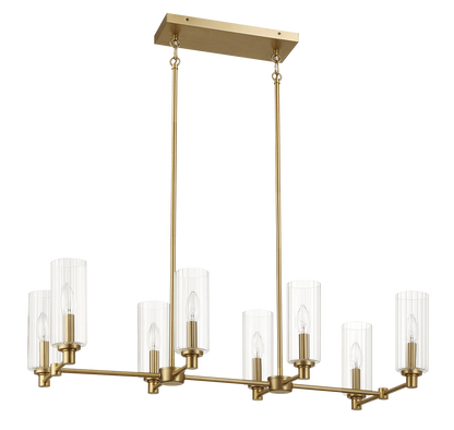 Eight-Light Island Pendant Light with Clear Ribbed Glass, 36in Long, 15in Wide, 9in High, Satin Brass