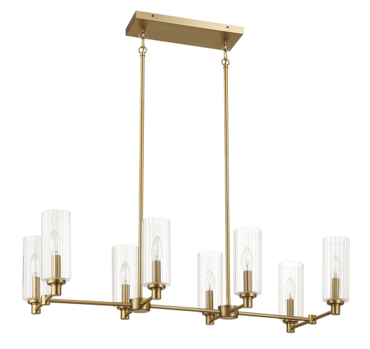 Eight-Light Island Pendant Light with Clear Ribbed Glass, 36in Long, 15in Wide, 9in High, Satin Brass