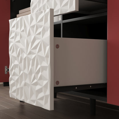 Sideboard Buffet Cabinet, Black Storage Cabinet with Red Doors , 2 Drawers with unique panel styling and 2 Open Storage Compartment, Modern Coffee Bar Cabinet Accent Cabinet for Kitchen, Dining Room,