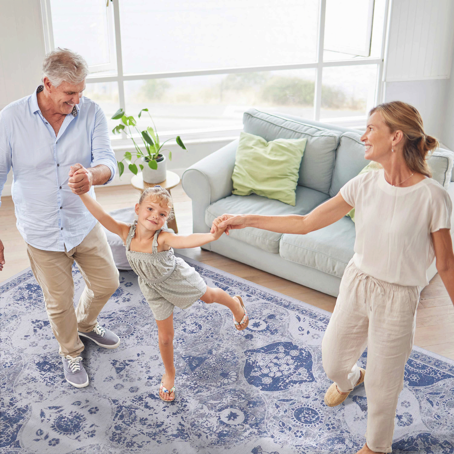 8x10 Area Rug, Machine-Washable, Low-Pile Chenille, Non-Slip Backing, Foldable, Kid & Pet Friendly - Blue