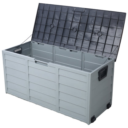 75 Gallon All Weather UV Resin Deck Box Storage Shed Patio Furniture Cushions Garden Tools Pool Toys with Wheels Gray