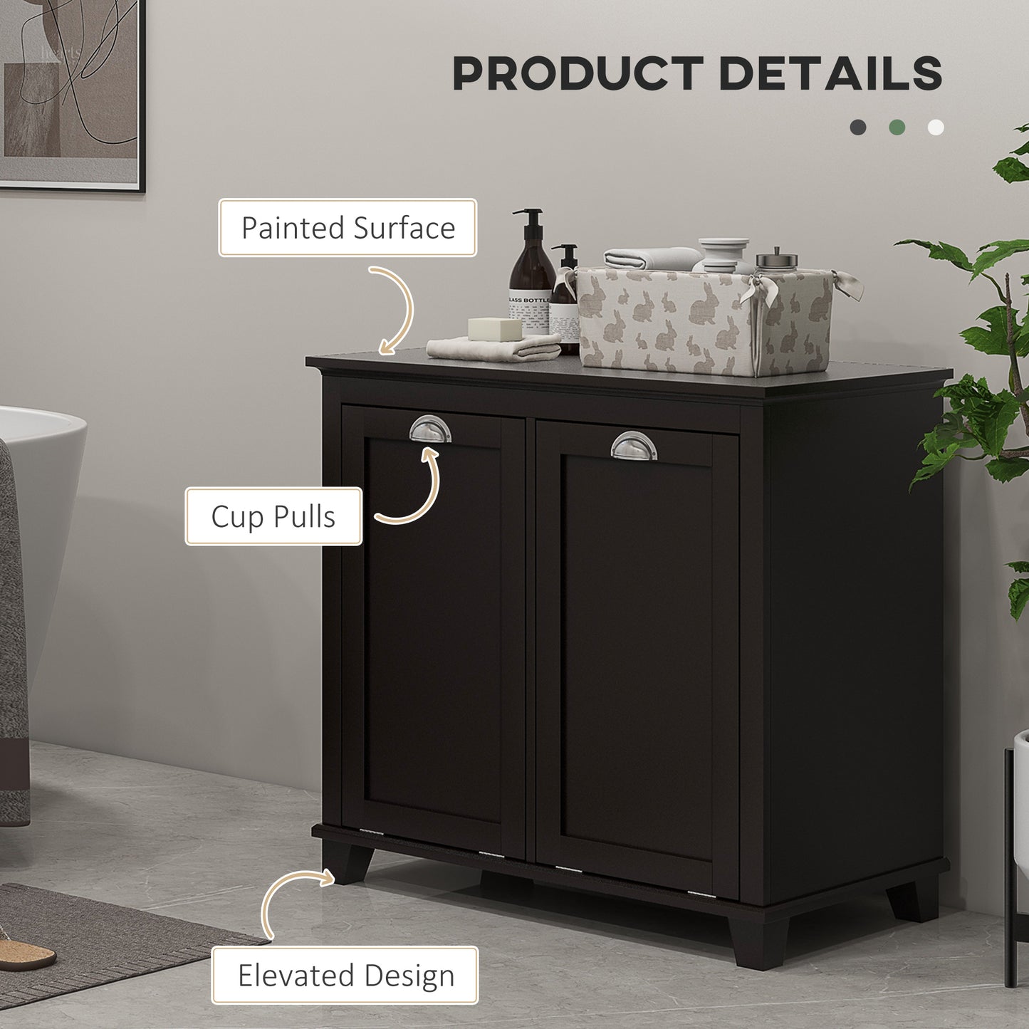 Modern Black Dual Compartment Laundry Hamper Cabinet with Tilt-Out Design for Bathroom Storage