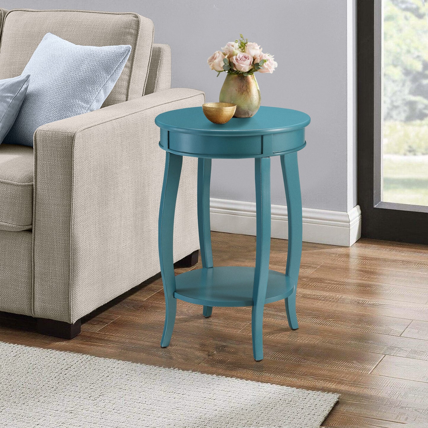 Round Wood Side Table with Shelf, 18.5 Dia x 24.5 H, Solid Wood & MDF, Contemporary End Table Teal