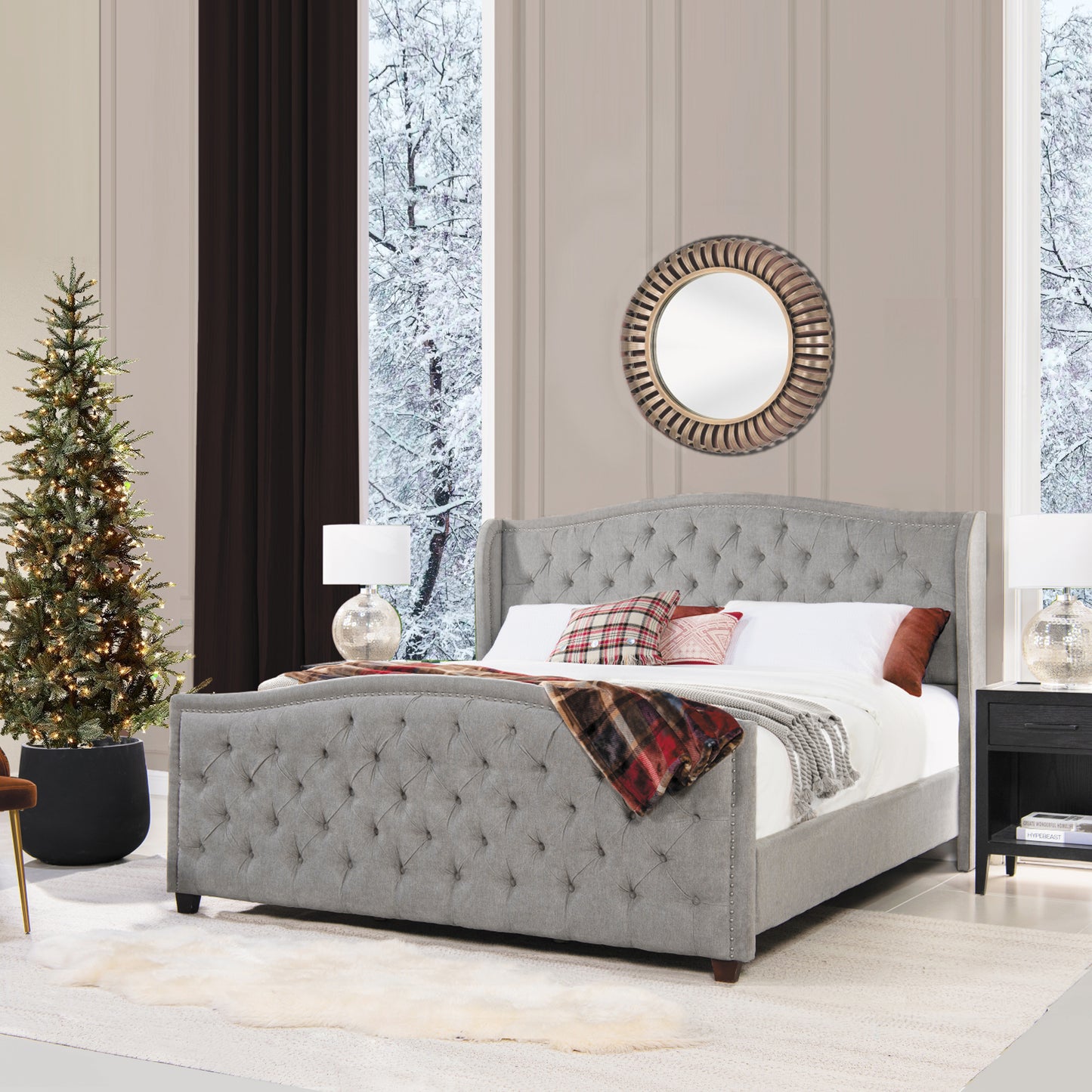 Marcella King Size Upholstered Shelter Headboard Bed Set in Silver Grey