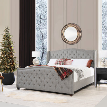 Marcella King Size Upholstered Shelter Headboard Bed Set in Silver Grey