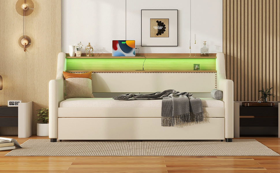 Beige Twin Size Upholstered Daybed with Trundle, USB Charging Station & LED Lighting