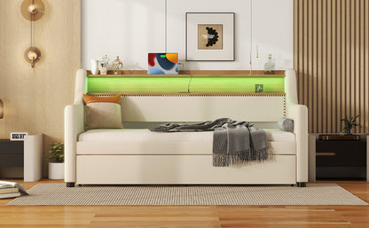 Beige Twin Size Upholstered Daybed with Trundle, USB Charging Station & LED Lighting
