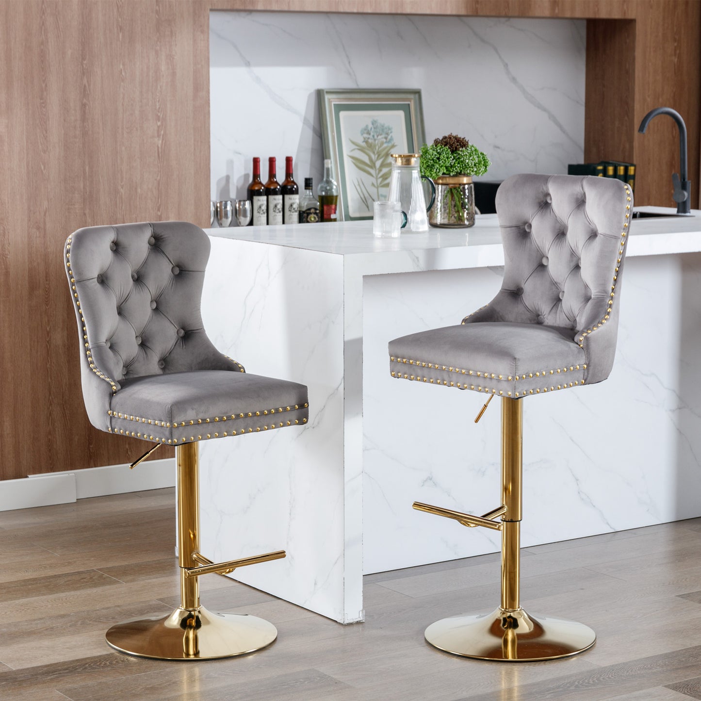 A&A Furniture Velvet Bar Stools Set Of 2 Adjustable Gray