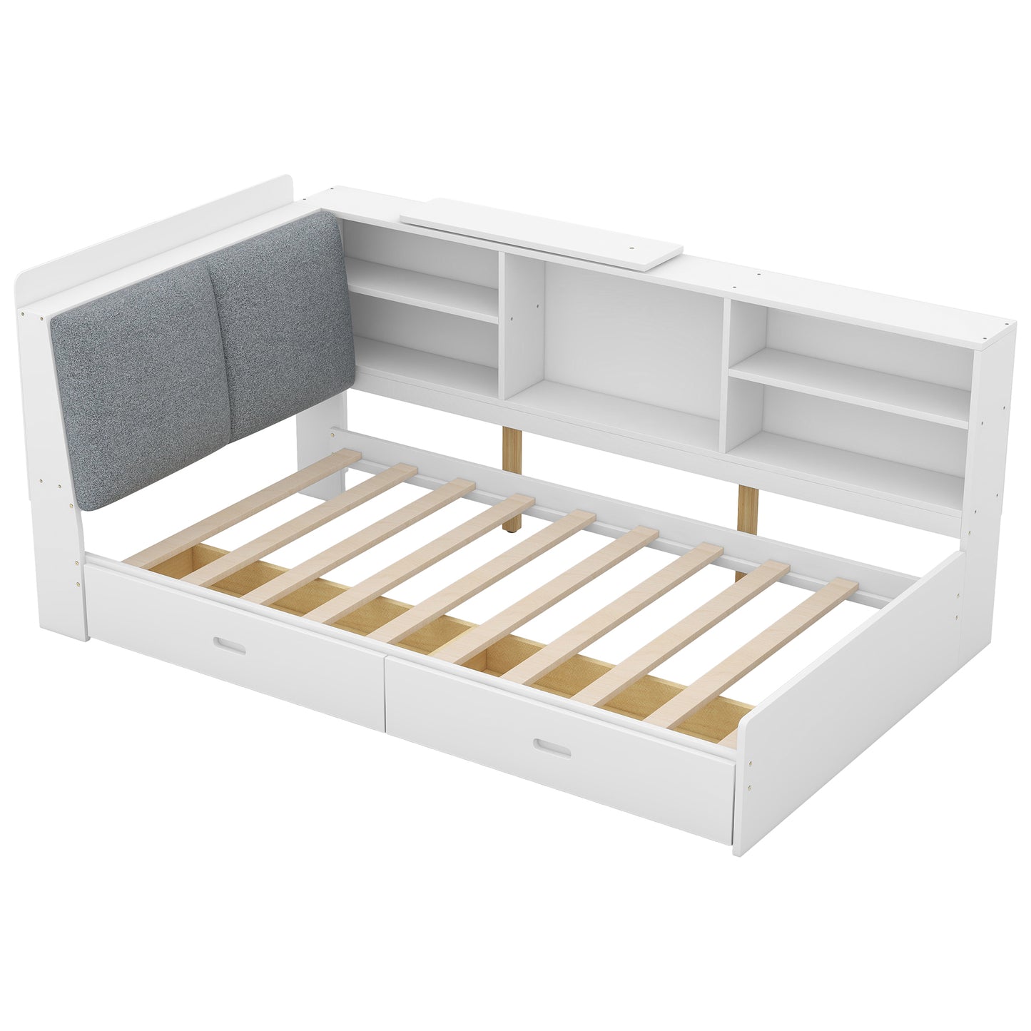 Elegant White Twin Size Platform Bed with Storage Headboard, Shelves, and Drawers