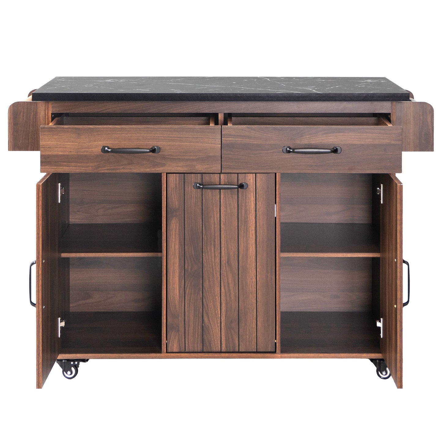 Walnut Brown Rolling Kitchen Island with Drop Leaf, Trash Can Storage, Spice & Towel Racks, and Adjustable Shelves
