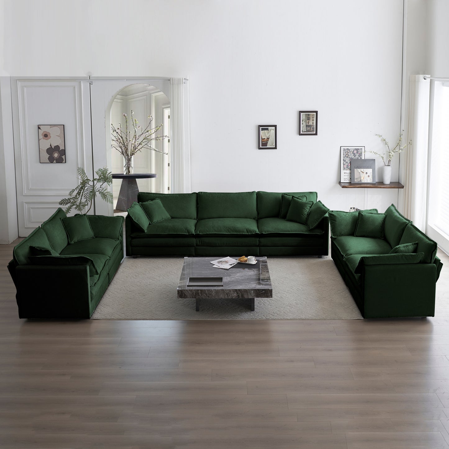 Modular 3-Piece Sofa Set: 2x2-Seater and 3-Seater, Deep-Seat, Chenille Upholstery, Easy Assembly, Green
