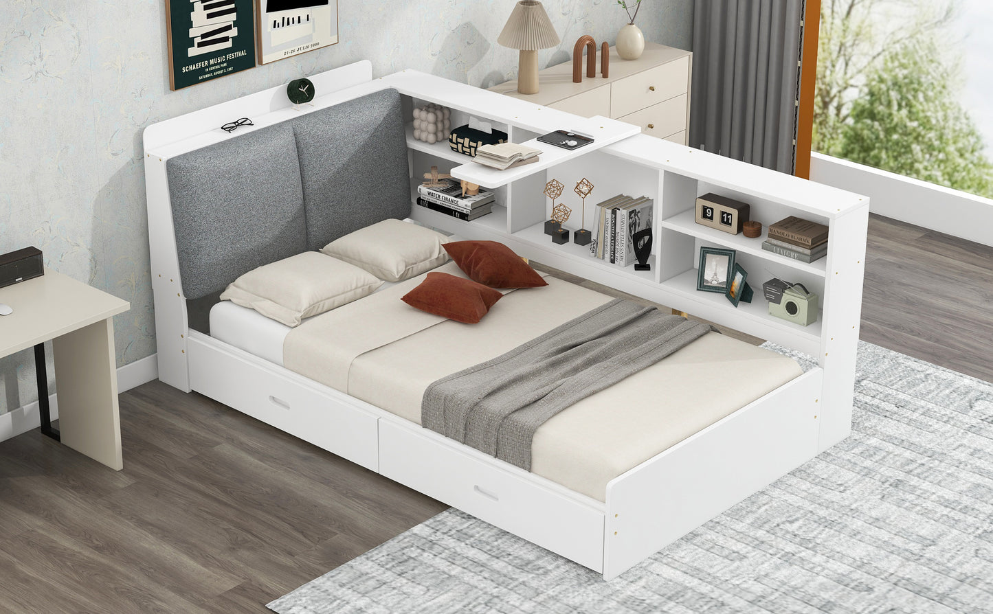 Elegant White Twin Size Platform Bed with Storage Headboard, Shelves, and Drawers
