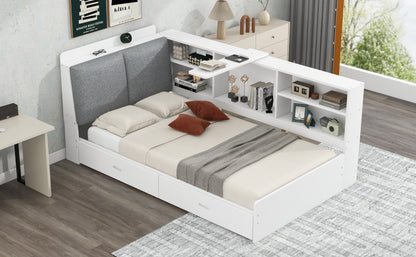 Elegant White Twin Size Platform Bed with Storage Headboard, Shelves, and Drawers