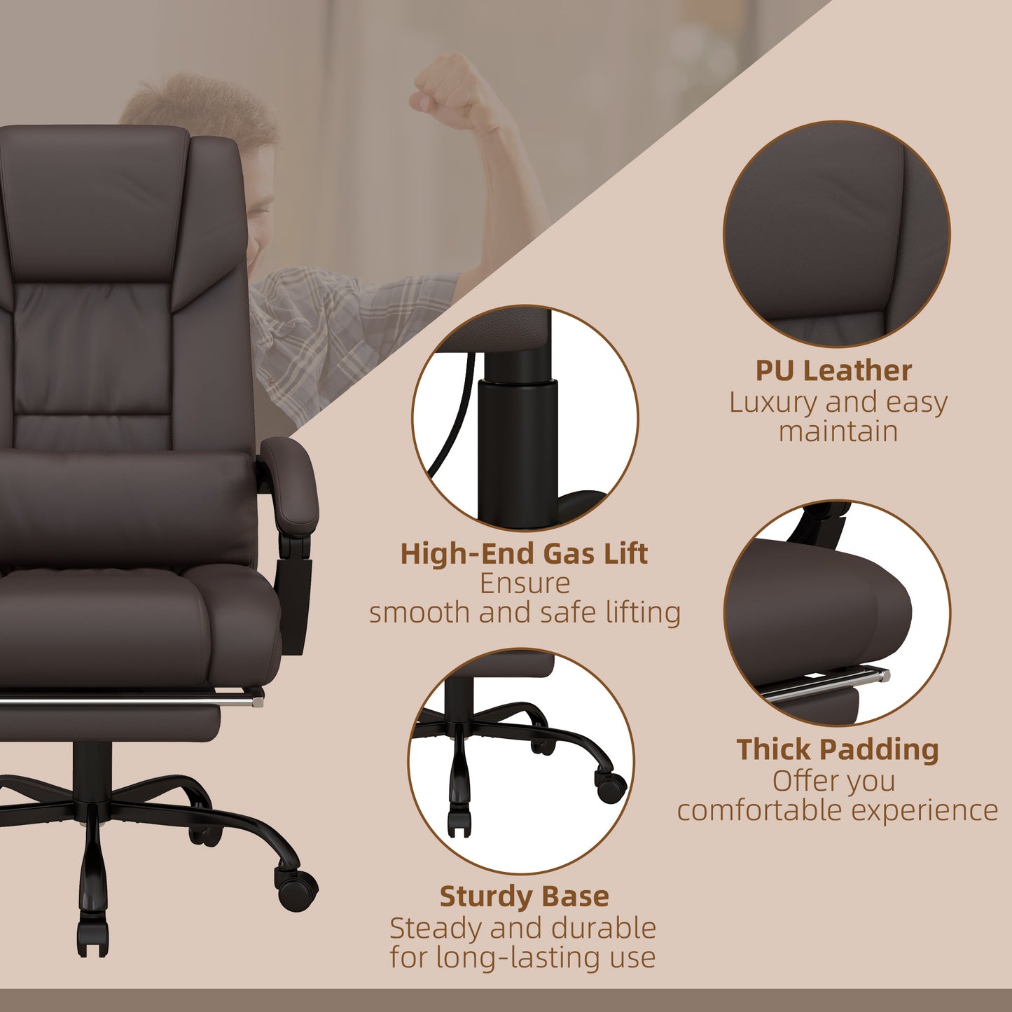 Brown High-Back Massage Office Chair with Remote Control, Adjustable Height, Reclining Footrest, and 6-Point Vibration System
