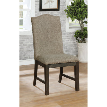Set of 2 Modern Rustic Dining Chairs, Fabric Upholstered, Nailhead Trim, Rubberwood, Espresso