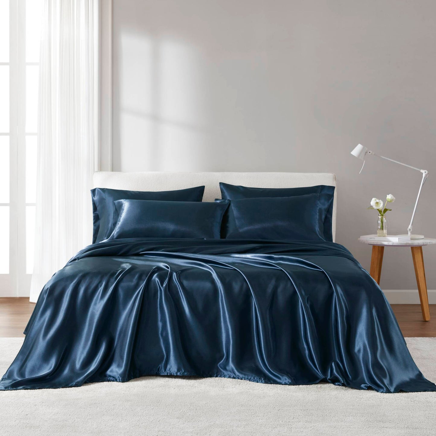 King Satin Sheet Set, 6-Piece, 100% Polyester, Wrinkle-Free, Pillowcases Included, OEKO-TEX, Dark Blue