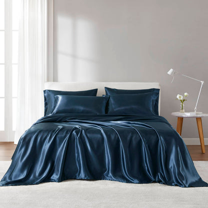 King Satin Sheet Set, 6-Piece, 100% Polyester, Wrinkle-Free, Pillowcases Included, OEKO-TEX, Dark Blue