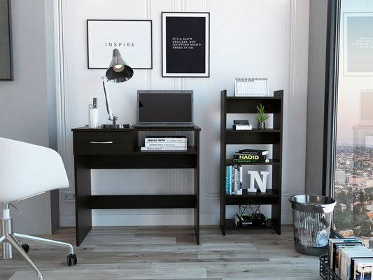 Modern Black Wengue 2-Piece Home Office Desk and Bookcase Set with 7 Shelves and 1 Drawer