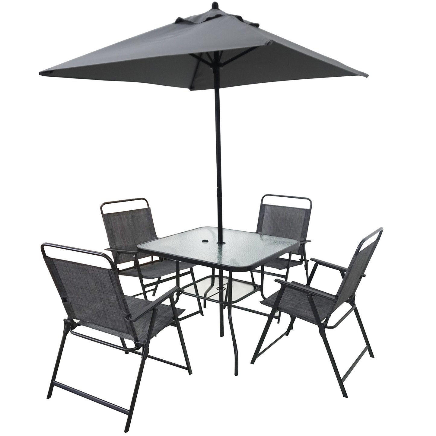 4-Person Outdoor Dining Set: Steel Table & Chairs with Umbrella, Rust-Resistant for Garden/Patio Grey