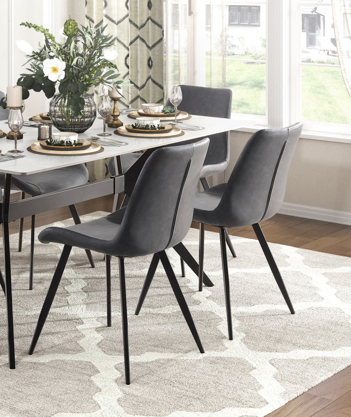 Set of 2 Modern Faux Leather Dining Chairs with Black Metal Legs, Easy Assembly, Dining Kitchen, Gray