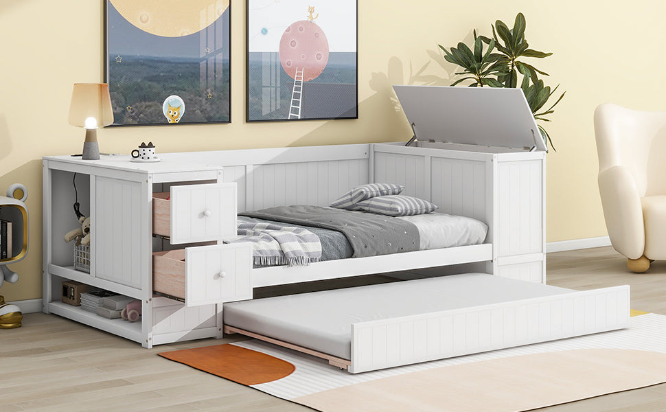 Elegant Twin Size Daybed with Storage and USB Charging, White