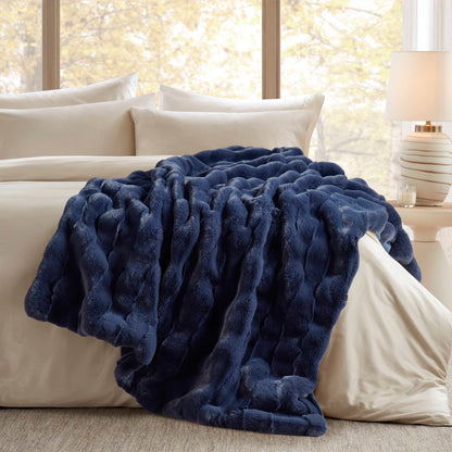 Faux Fur Throw 50 x 60 in with Basketweave Face, Crystal Velvet Reverse, 100% Polyester Navy