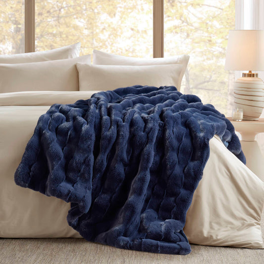 Faux Fur Throw 50 x 60 in with Basketweave Face, Crystal Velvet Reverse, 100% Polyester Navy