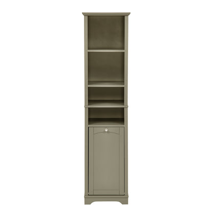 64-Inch Slim Bathroom Storage Cabinet with Adjustable Shelves and Hidden Laundry Hamper, Grey Finish for Small Spaces
