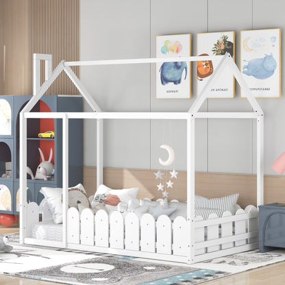 Twin Size Wooden House Bed Frame with Fence - Creative Sleep & Play Space for Kids, Teens, and Children - White Finish