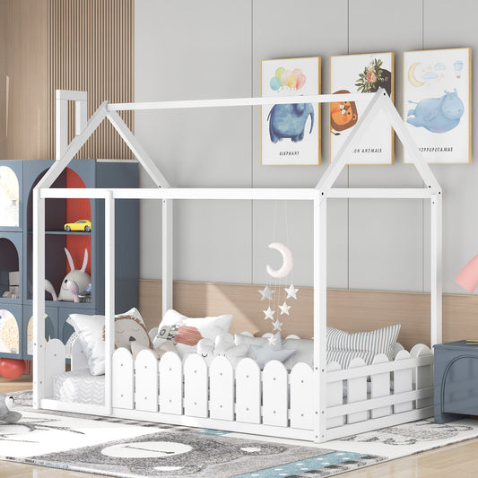 Twin Size Wooden House Bed Frame with Fence - Creative Sleep & Play Space for Kids, Teens, and Children - White Finish